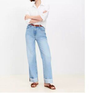 LOFT Petite Flip Cuff High Rise Wide Leg Jeans in Light Wash